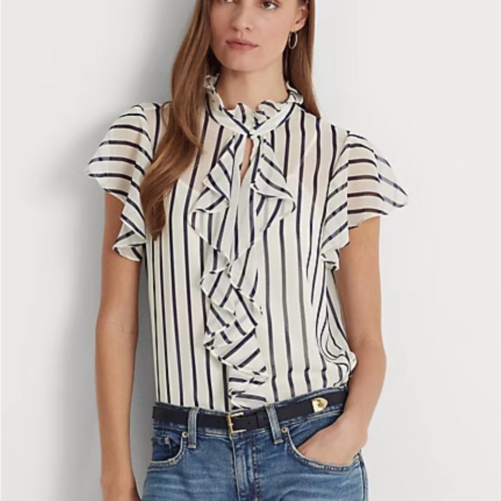 NWT Ralph Lauren Navy and White Ruffle Blouse